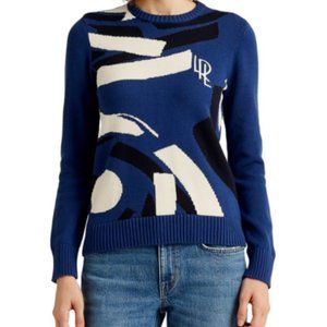 Lauren Ralph Lauren Geo Print Blue Logo Crewneck Sweater S